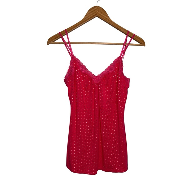 Express Womens Tank Top Small Pink Gold Polka Dot Lace Y2K Babydoll Adjustable - Picture 1 of 12